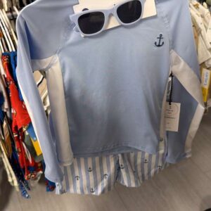 Ropa Niño Talla 4T Sperry Set de 3 Piezas (Rash Guard, Short y Lentes) Celeste