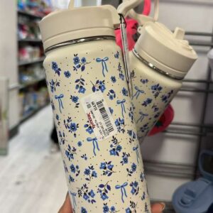 Carteras y Accesorios Botella Termica Floral Azul y Crema con Pitillo