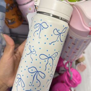 Carteras y Accesorios Botella Térmica Blanca con Lazos y Puntos Azules